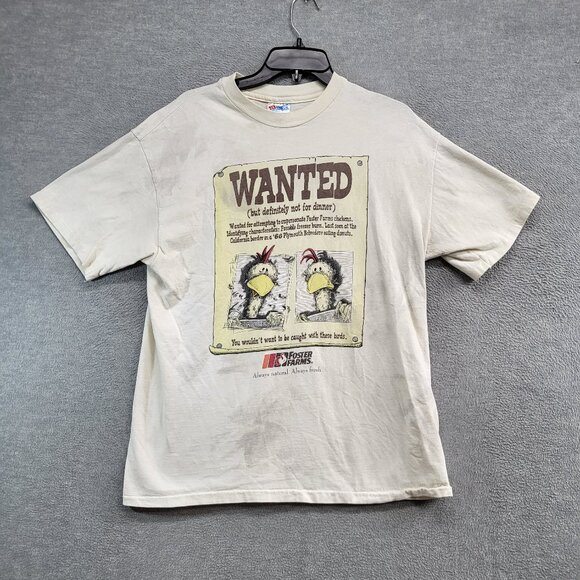VINTAGE Foster Farms Men Shirt White Large 90s Single Stitch Wanted‎ Promo Tee - Picture 1 of 8